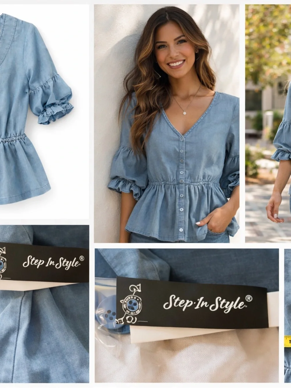 Blue Peplum Blouse Womens Small V Neck Button Front Ruffle Sleeve Top - Picture 2 of 10